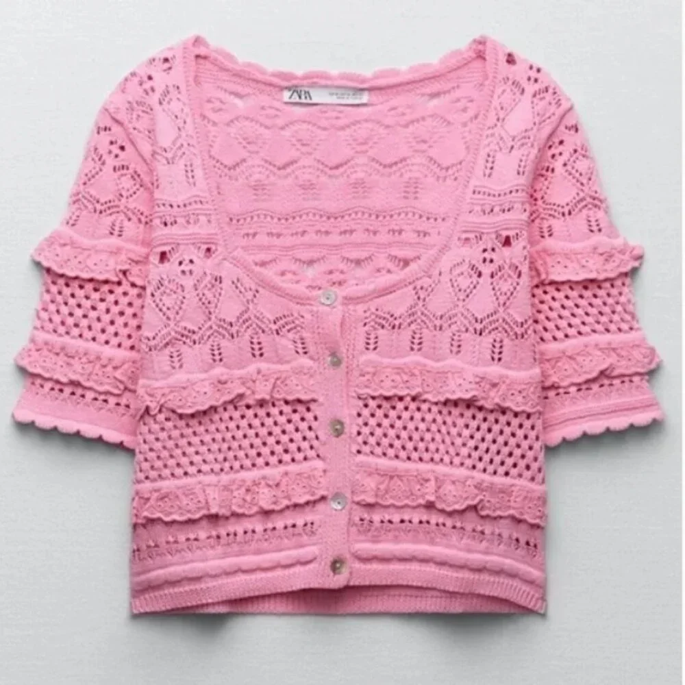 NEW ZARA Pink Cotton Knit Crochet Crop Top: Cottagecore Cardigan - Picture 6 of 16